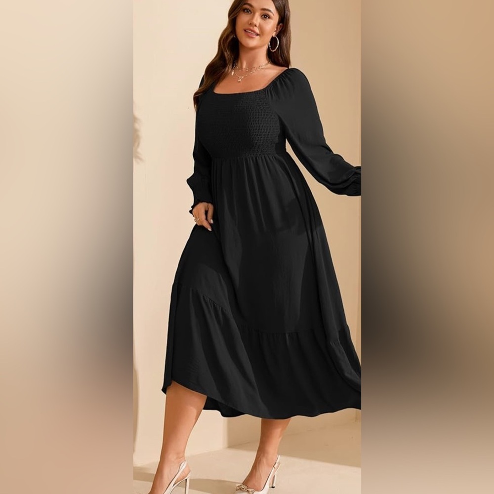 NWT-2XL Elegant Black Long Sleeve 
 Smocked A Line Boho Flowy Maxi Dress